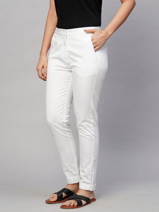 Women's White Cotton Lycra Slim Fit Pant - Image 3