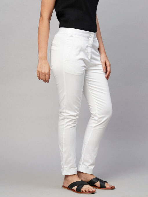 Women's White Cotton Lycra Slim Fit Pant - Image 4