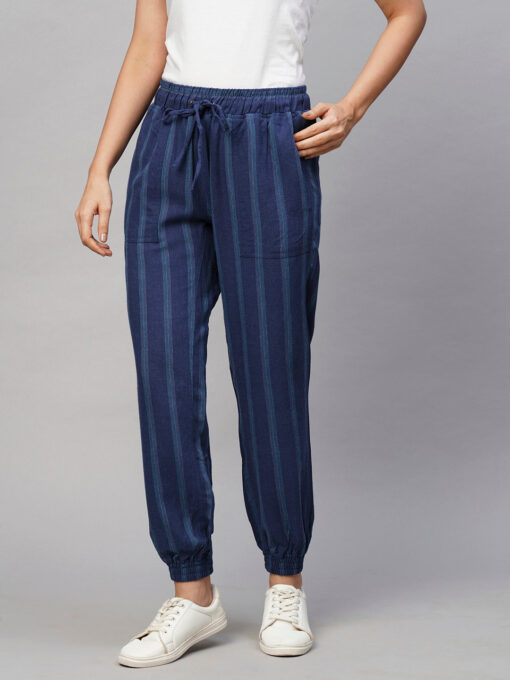 Women's Blue Viscose Linen Regular Fit Pant - Image 2