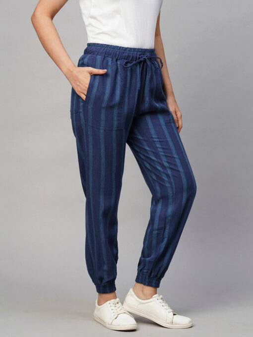 Women's Blue Viscose Linen Regular Fit Pant - Image 4