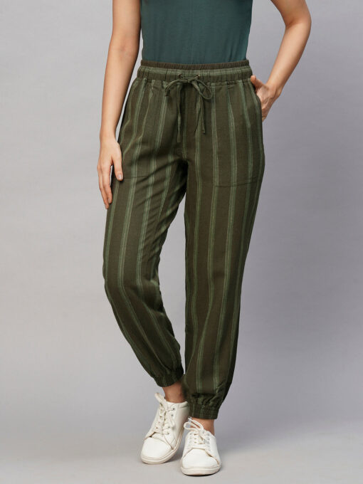 Women's Olive Viscose Linen Regular Fit Pant - Image 2