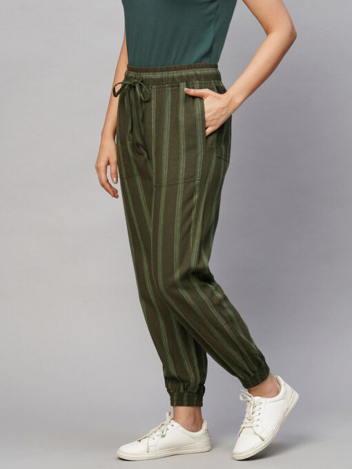 Women's Olive Viscose Linen Regular Fit Pant - Image 3