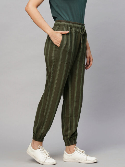 Women's Olive Viscose Linen Regular Fit Pant - Image 4