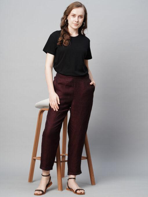 Women's Maroon Linen Regular Fit Pant