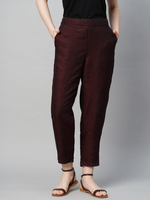 Women's Maroon Linen Regular Fit Pant - Image 2