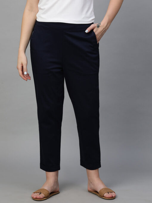 Women's Navy Cotton Elastane Regular Fit Pant - Image 2