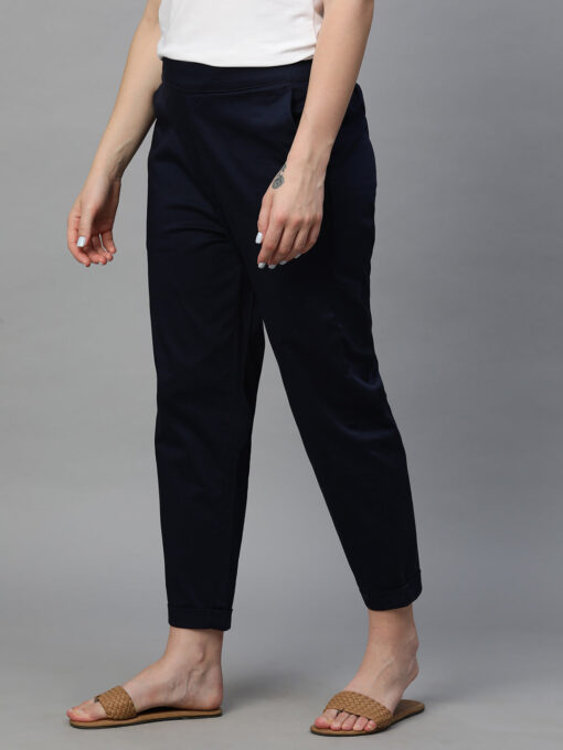 Women's Navy Cotton Elastane Regular Fit Pant - Image 3