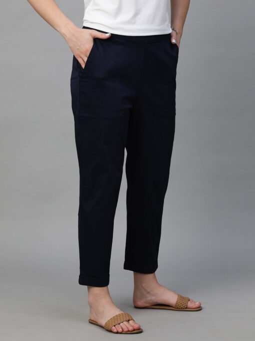 Women's Navy Cotton Elastane Regular Fit Pant - Image 4