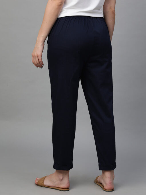 Women's Navy Cotton Elastane Regular Fit Pant - Image 5