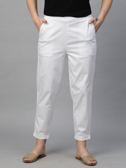 Women's White Cotton Elastane Regular Fit Pant - Image 2