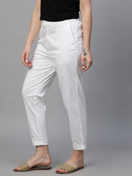 Women's White Cotton Elastane Regular Fit Pant - Image 3