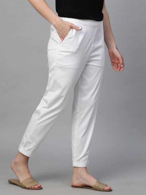 Women's White Cotton Elastane Regular Fit Pant - Image 4