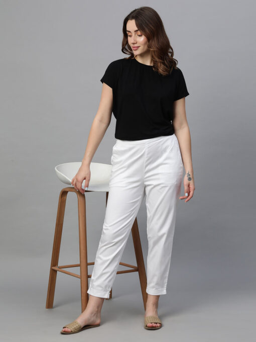 Women's White Cotton Elastane Regular Fit Pant