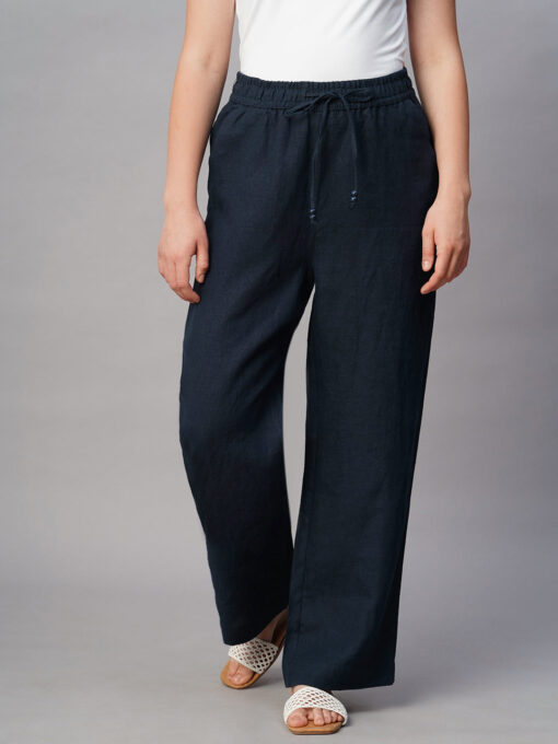 Women's Navy Linen Regular Fit Pant - Image 2