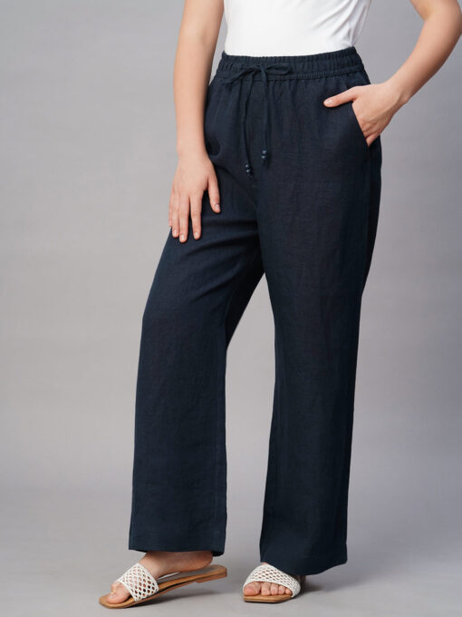 Women's Navy Linen Regular Fit Pant - Image 3