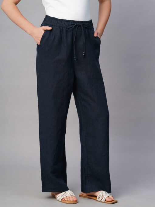 Women's Navy Linen Regular Fit Pant - Image 4