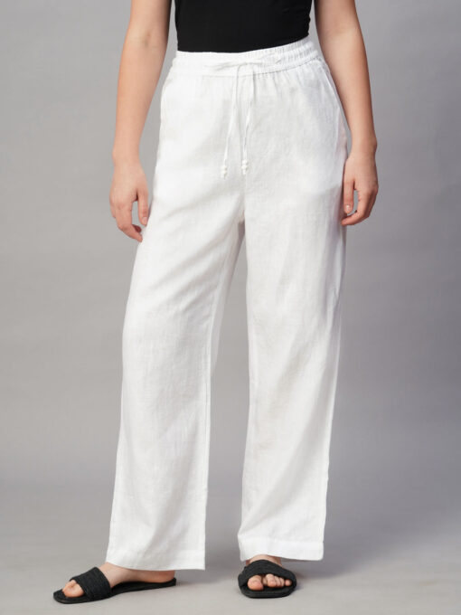 Women's White Linen Regular Fit Pant - Image 2