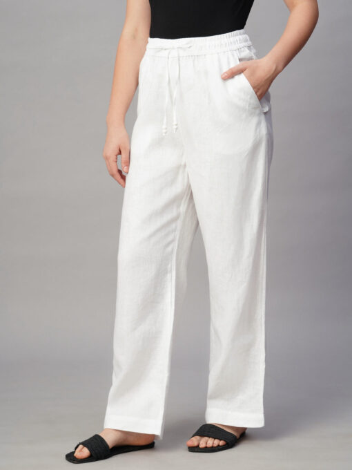 Women's White Linen Regular Fit Pant - Image 3