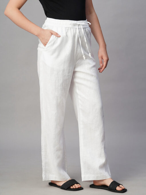 Women's White Linen Regular Fit Pant - Image 4