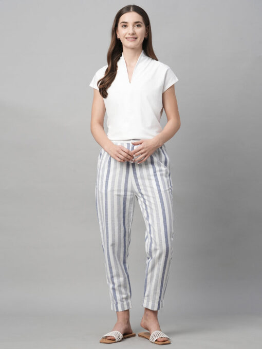 Women's Blue Cotton Linen Regular Fit Pant - Image 2