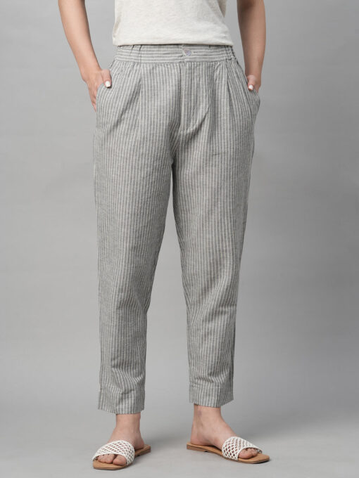 Women's Grey Cotton Linen Regular Fit Pant - Image 2