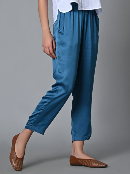 Women's Regular Fit Modal Blue Pant - Image 4