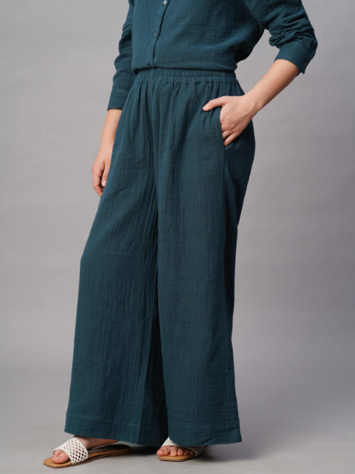 Women's Blue Cotton Regular Fit Pant - Image 3