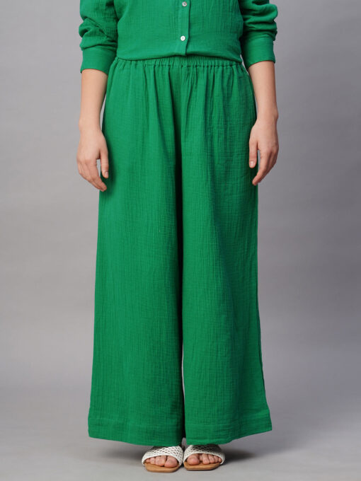 Women's Green Cotton Regular Fit Pant - Image 2