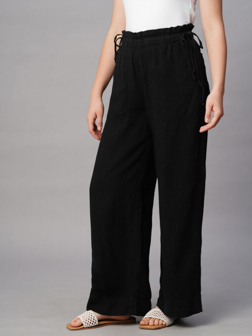 Women's Black Linen Viscose Wide Leg Pant - Image 3