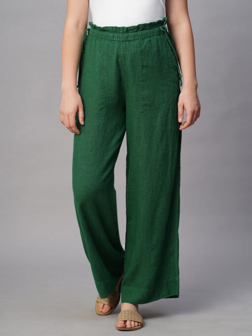 Women's Green Linen Viscose Wide Leg Pant - Image 2