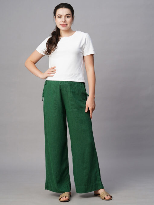 Women's Green Linen Viscose Wide Leg Pant