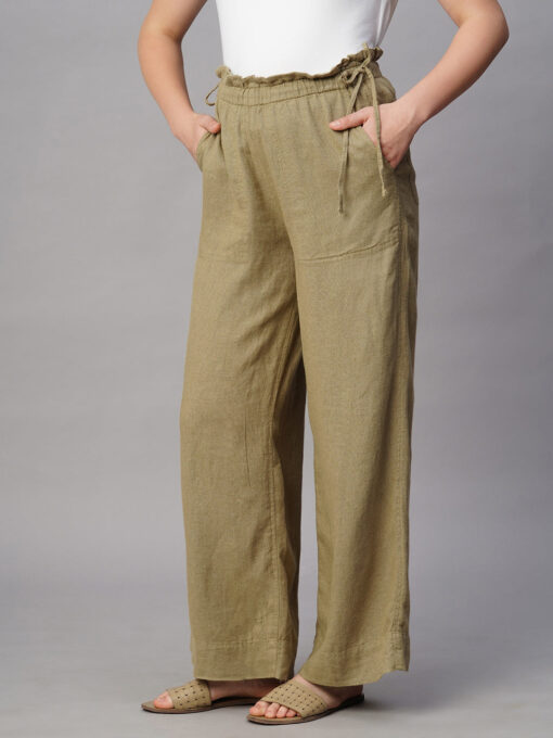 Women's Khaki Linen Viscose Wide Leg Pant - Image 3