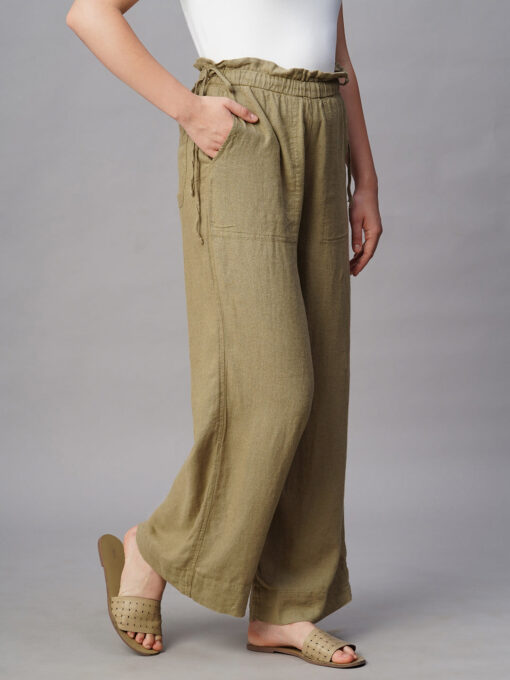 Women's Khaki Linen Viscose Wide Leg Pant - Image 4