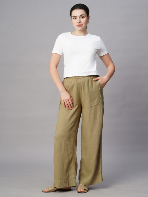 Women's Khaki Linen Viscose Wide Leg Pant