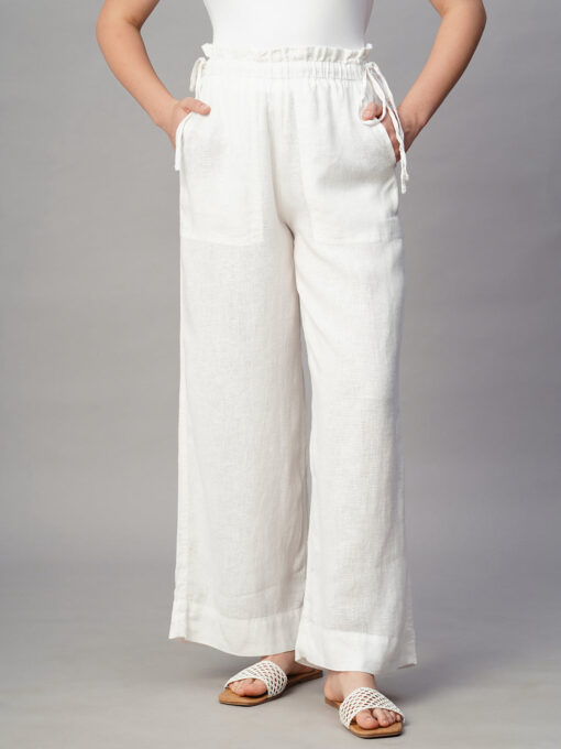 Women's White Linen Viscose Wide Leg Pant - Image 3