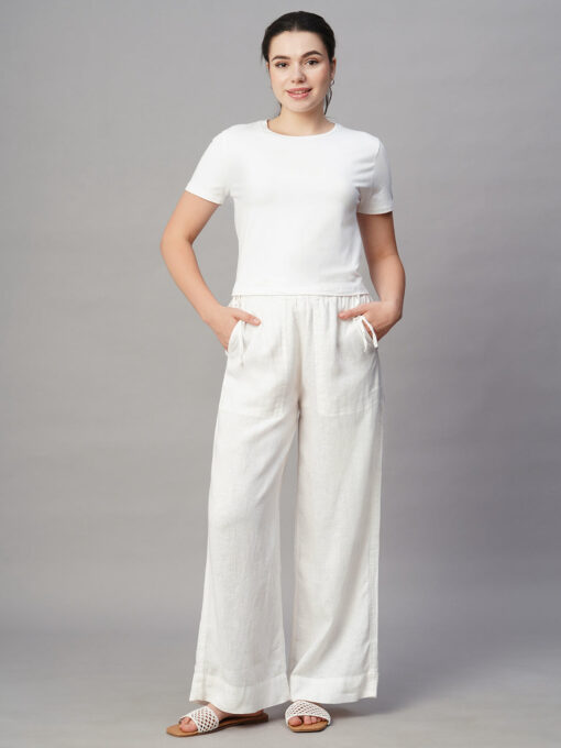 Women's White Linen Viscose Wide Leg Pant - Image 2