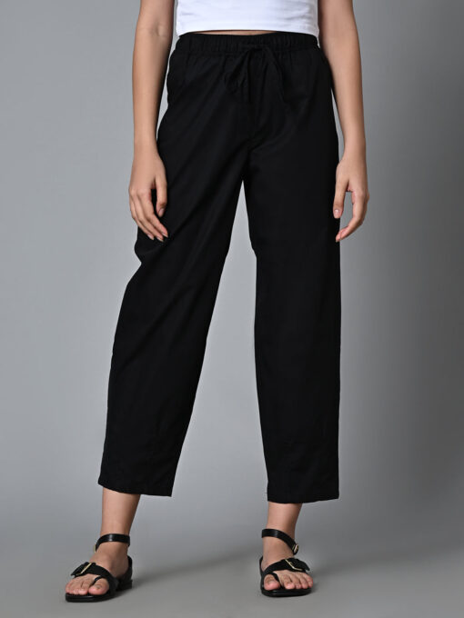 Women's Black Cotton Regular Fit Pant - Image 2