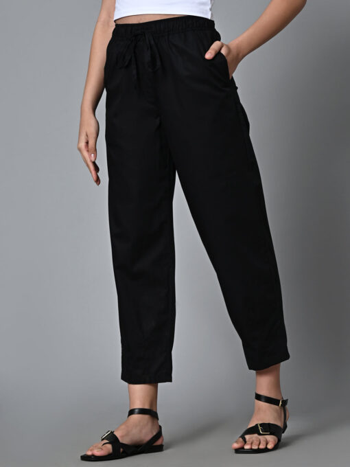 Women's Black Cotton Regular Fit Pant - Image 3