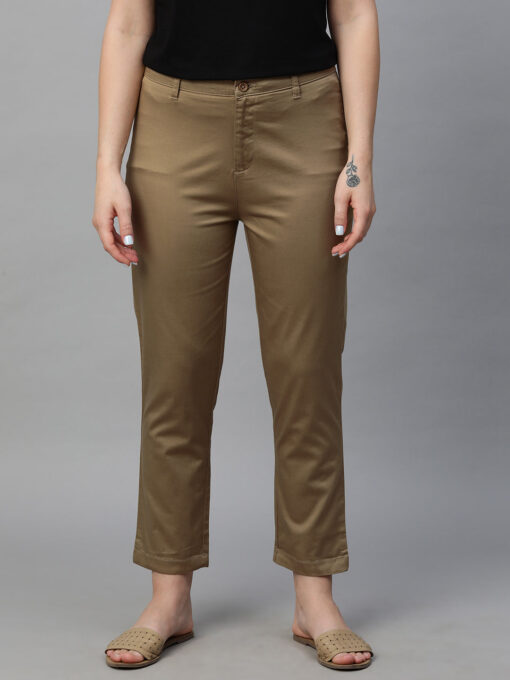 Women's Khaki Cotton Lycra Regular Fit Pant - Image 2