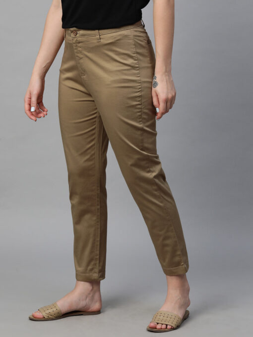 Women's Khaki Cotton Lycra Regular Fit Pant - Image 3