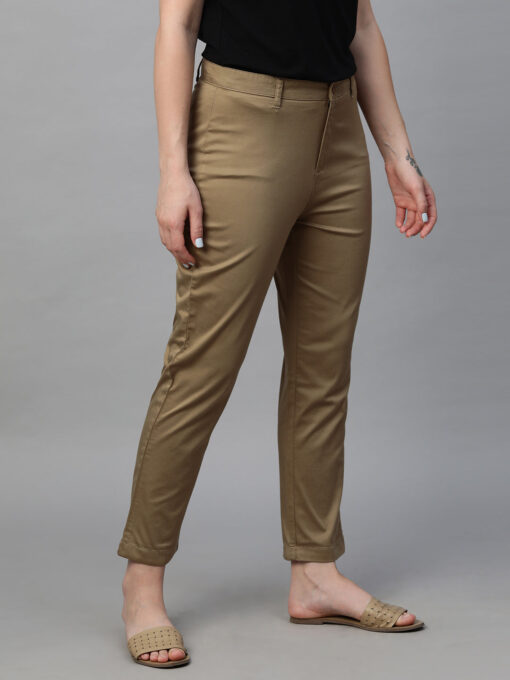 Women's Khaki Cotton Lycra Regular Fit Pant - Image 4