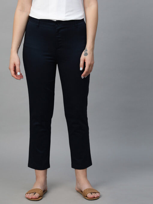 Women's Navy Cotton Lycra Regular Fit Pant - Image 2