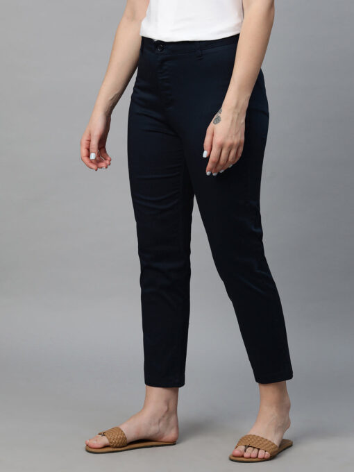 Women's Navy Cotton Lycra Regular Fit Pant - Image 3