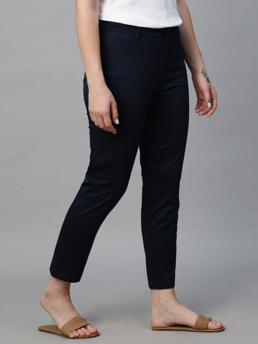 Women's Navy Cotton Lycra Regular Fit Pant - Image 4