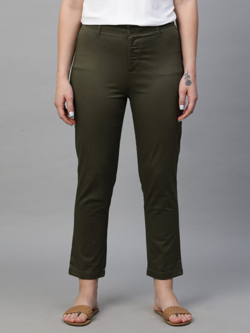 Women's Olive Cotton Lycra Regular Fit Pant - Image 2