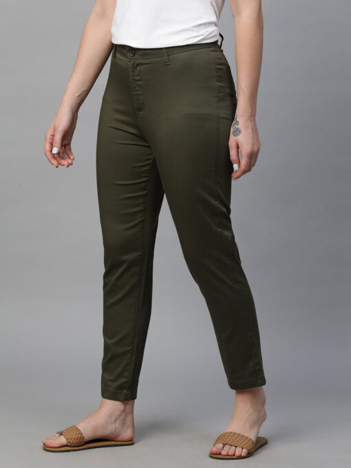 Women's Olive Cotton Lycra Regular Fit Pant - Image 3