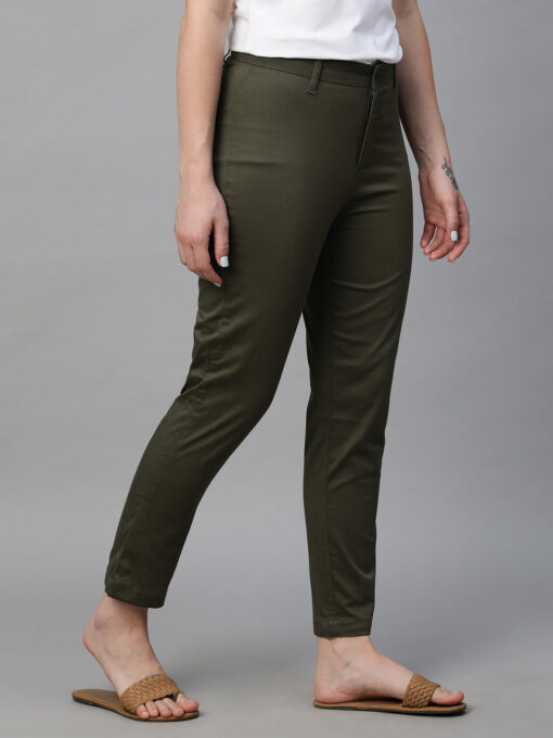 Women's Olive Cotton Lycra Regular Fit Pant - Image 4