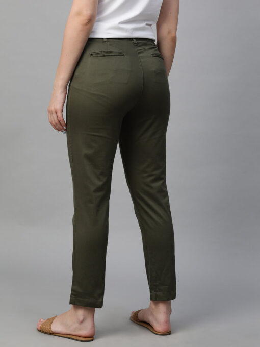 Women's Olive Cotton Lycra Regular Fit Pant - Image 5