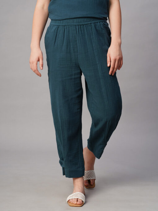 Women's Blue Cotton Regular Fit Pant - Image 2