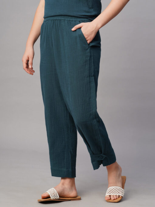 Women's Blue Cotton Regular Fit Pant - Image 3